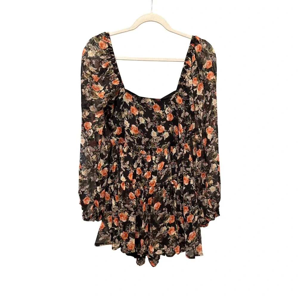 VICI Graceful Garden Floral Romper Dress Chiffon Long Sleeve Small Boho Tiered